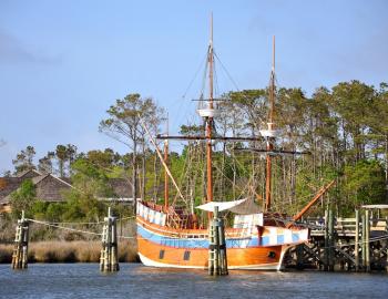 An antique ship docked in Roanoke Island, NC