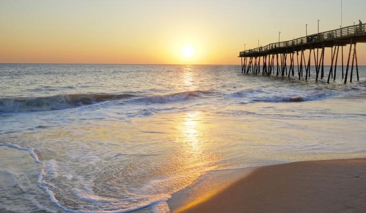 Pier and ocean at sunrise in the outer banks
