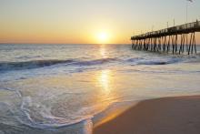 Pier and ocean at sunrise in the outer banks