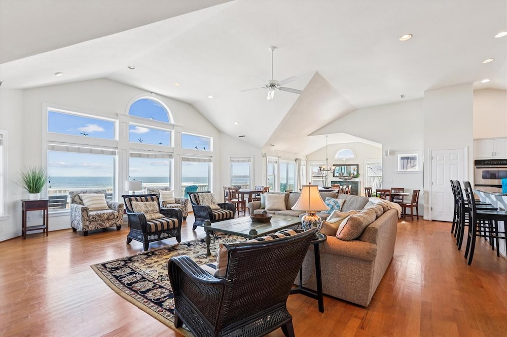 Vacation rental interior with ocean view in background